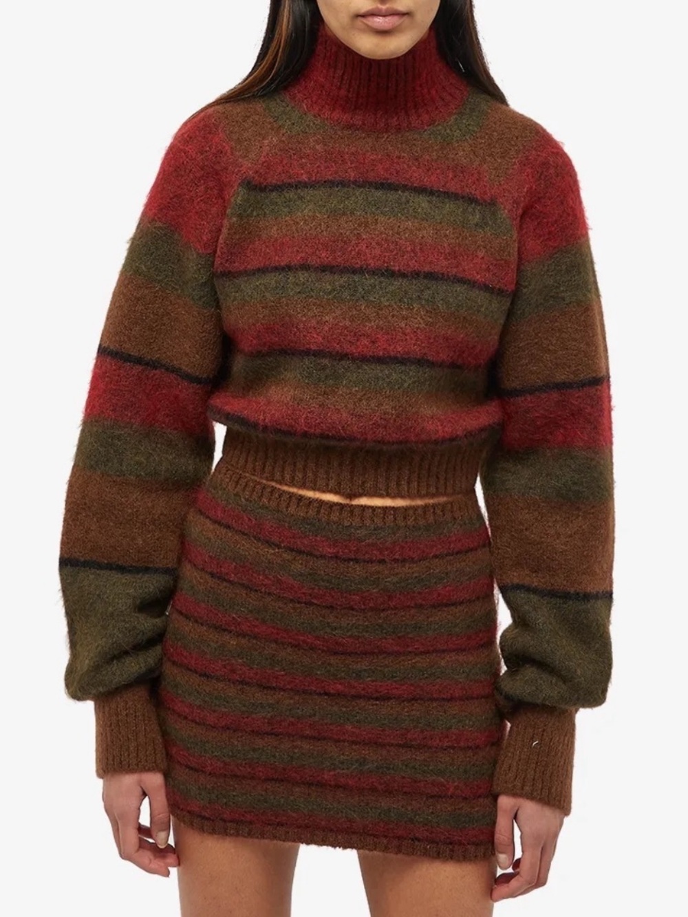 Danielle Guizio Striped Mohair Cropped Sweater Size Medium Red Olive Green